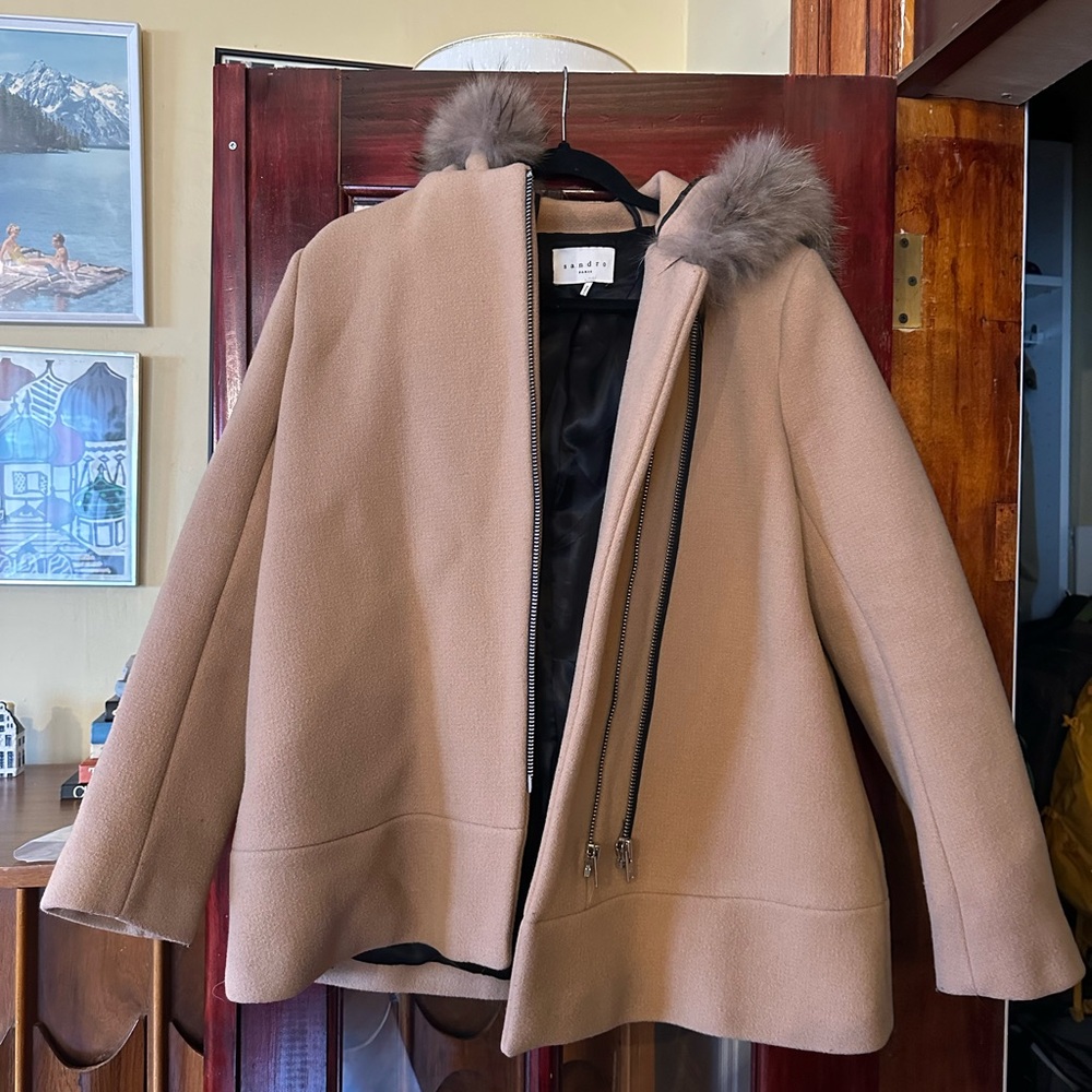 Sandro Paris Camel Wool Jacket with Fur trim